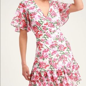 Lulus Pink Floral V Neck Dress